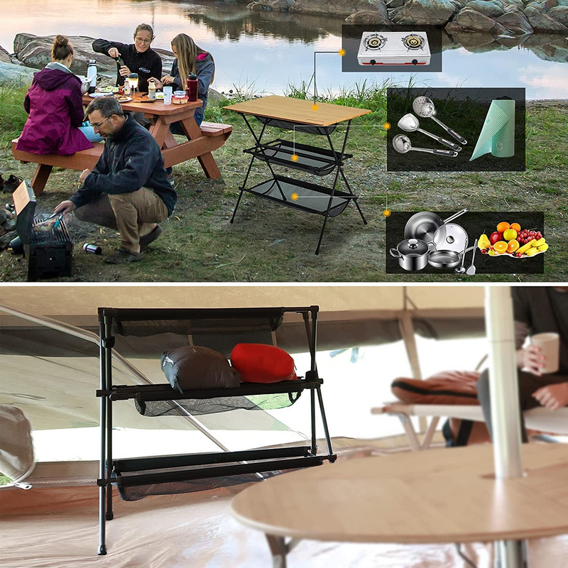 ギャラリービューアに画像をロードする, KingCamp 3段収納メッシュ付き 軽量 天然竹製テーブル